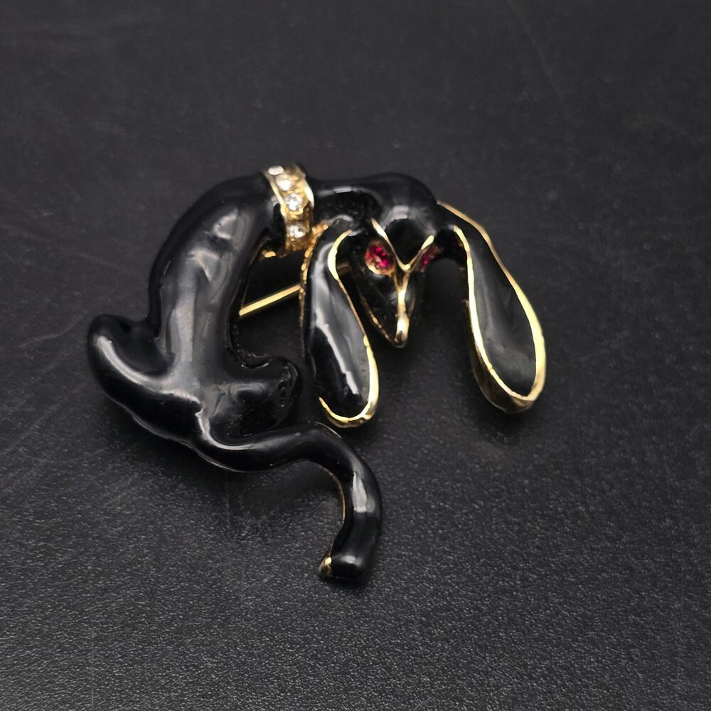 Black Enamel Hound Dog Brooch Rhinestone Accents Vintage Animal Jewelry